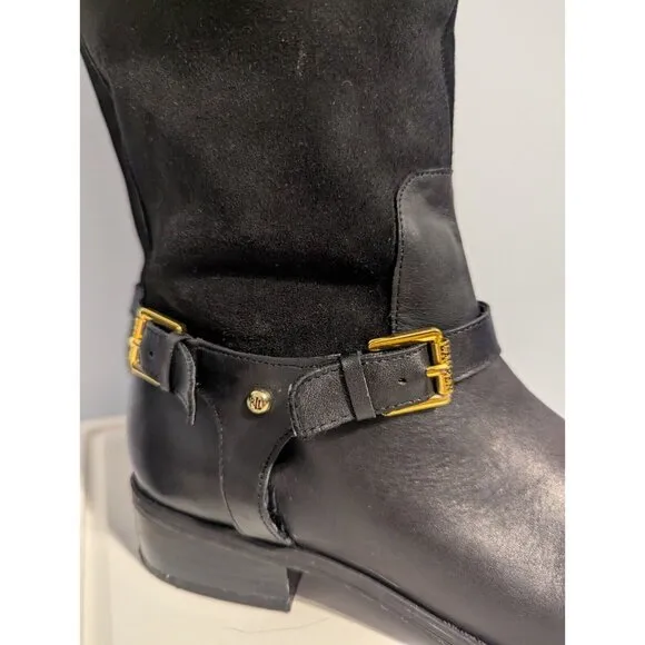 Lauren Ralph Lauren Marion Black Leather &amp; Suede Equestrian Style Boots Sz 6.5
