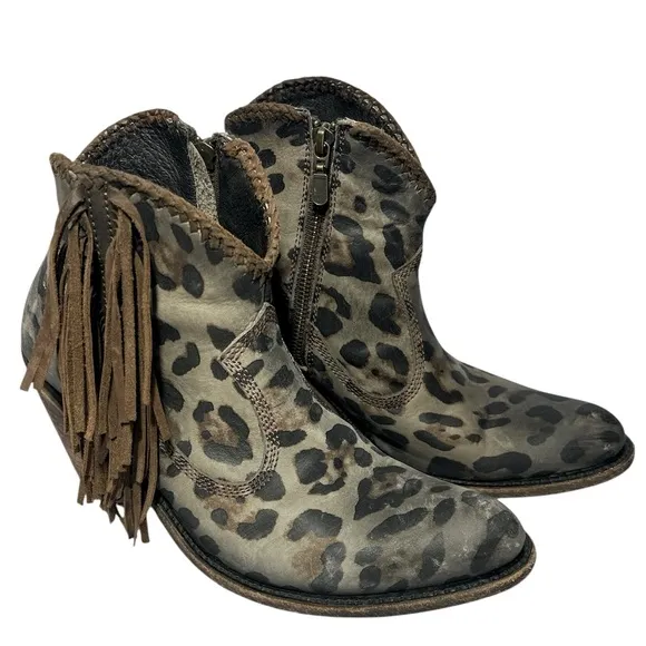 LIBERTY Black Chita Chloe Fringe Boots Cowboy Cheetah Print Ankle Booties Size 9
