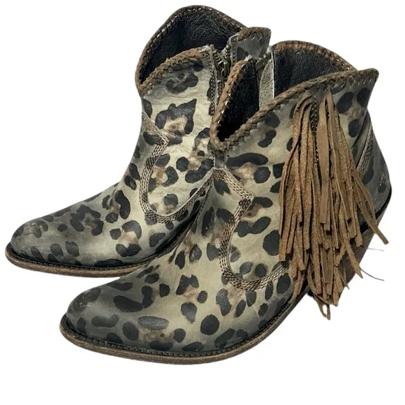 LIBERTY Black Chita Chloe Fringe Boots Cowboy Cheetah Print Ankle Booties Size 9
