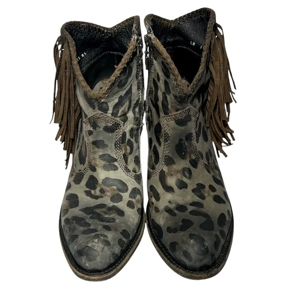 LIBERTY Black Chita Chloe Fringe Boots Cowboy Cheetah Print Ankle Booties Size 9