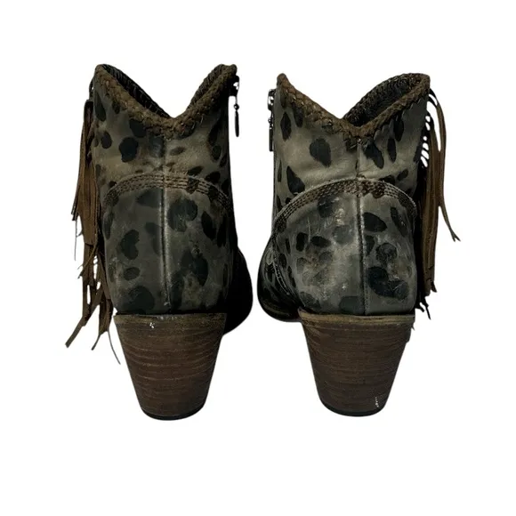 LIBERTY Black Chita Chloe Fringe Boots Cowboy Cheetah Print Ankle Booties Size 9