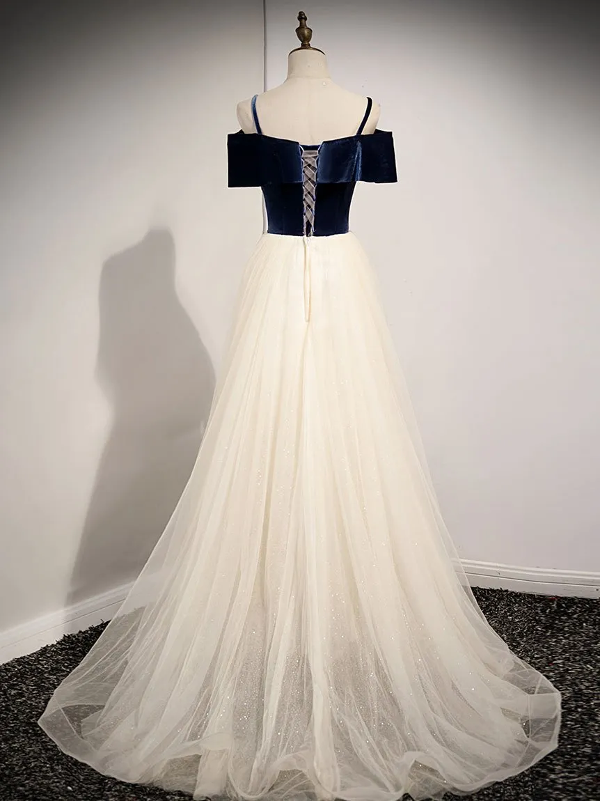 Light Champagne Tulle with Blue Velvet Long Party Dress Formal Dress, A-line Prom Dress 2022