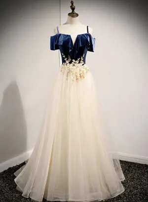 Light Champagne Tulle with Blue Velvet Long Party Dress Formal Dress, A-line Prom Dress 2022