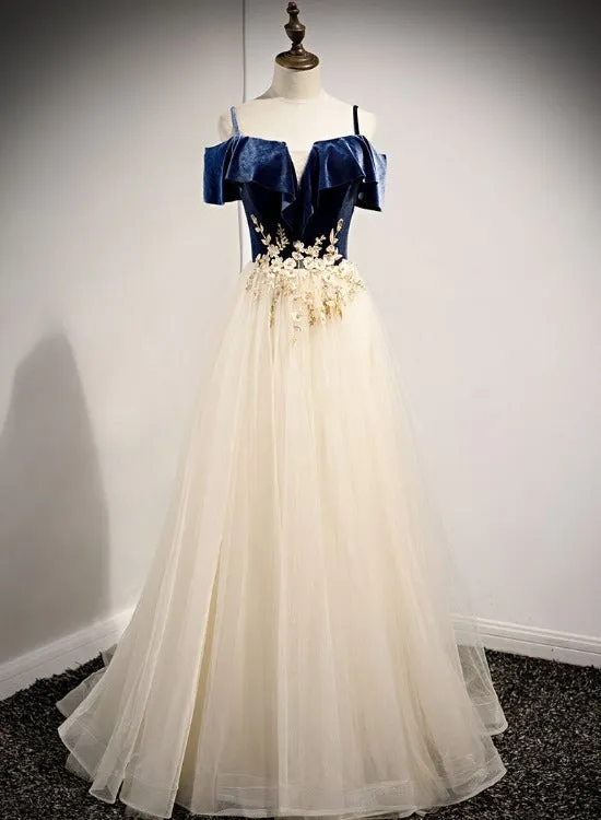 Light Champagne Tulle with Blue Velvet Long Party Dress Formal Dress, A-line Prom Dress 2022