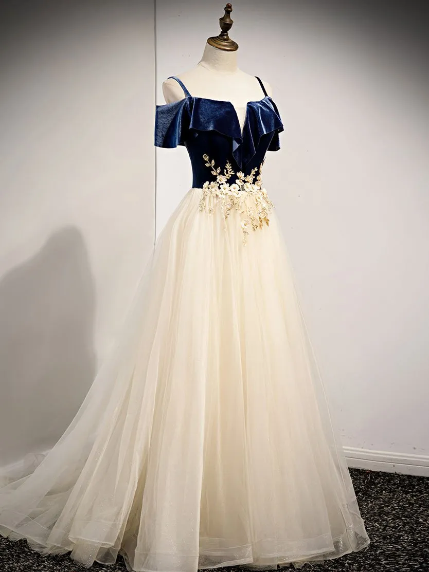Light Champagne Tulle with Blue Velvet Long Party Dress Formal Dress, A-line Prom Dress 2022