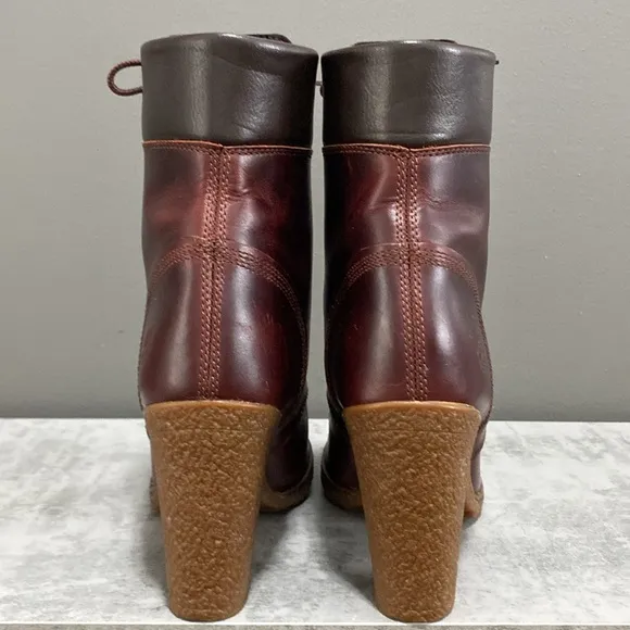 Like New!Timberland Glancy Lace Up High Heel Brown Leather Ankle Boots Size 6.5