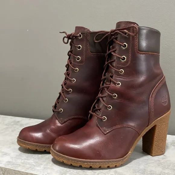 Like New!Timberland Glancy Lace Up High Heel Brown Leather Ankle Boots Size 6.5