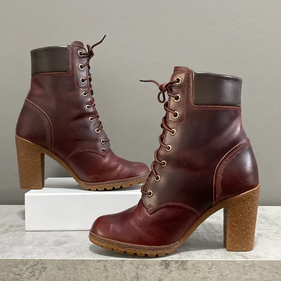 Like New!Timberland Glancy Lace Up High Heel Brown Leather Ankle Boots Size 6.5