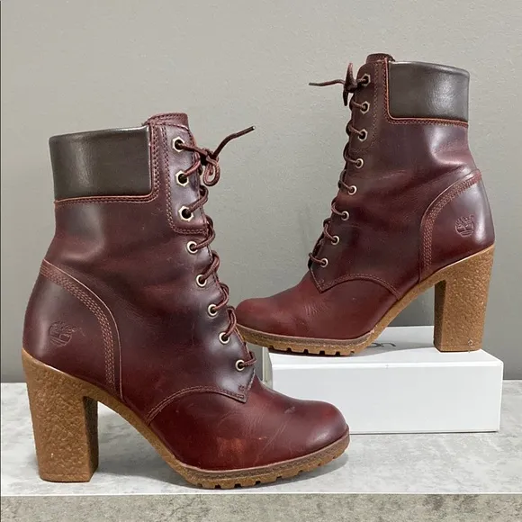Like New!Timberland Glancy Lace Up High Heel Brown Leather Ankle Boots Size 6.5
