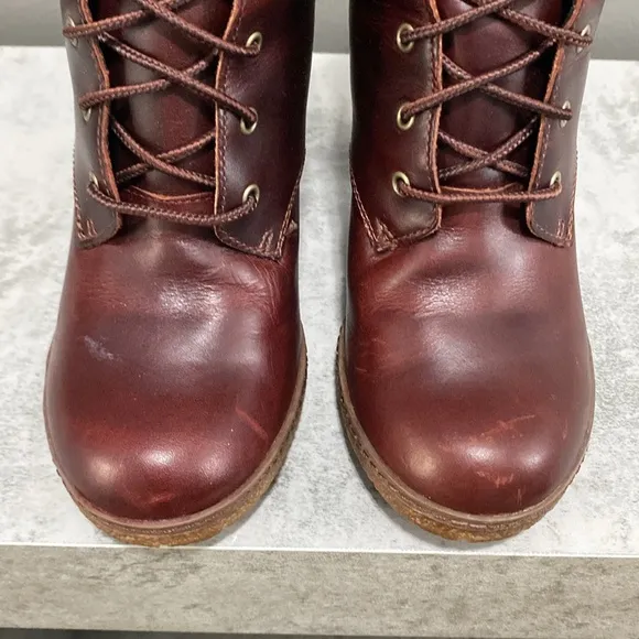 Like New!Timberland Glancy Lace Up High Heel Brown Leather Ankle Boots Size 6.5