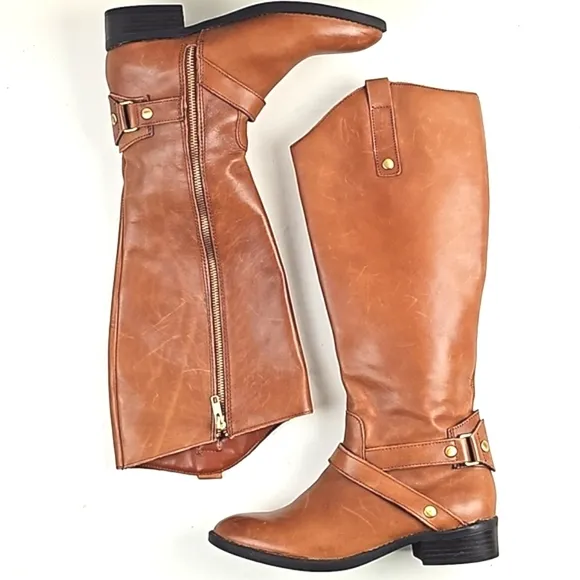 Liz Claiborne Brown Leather Round Toe Side Zip Knee High Equestrian Tall Boot