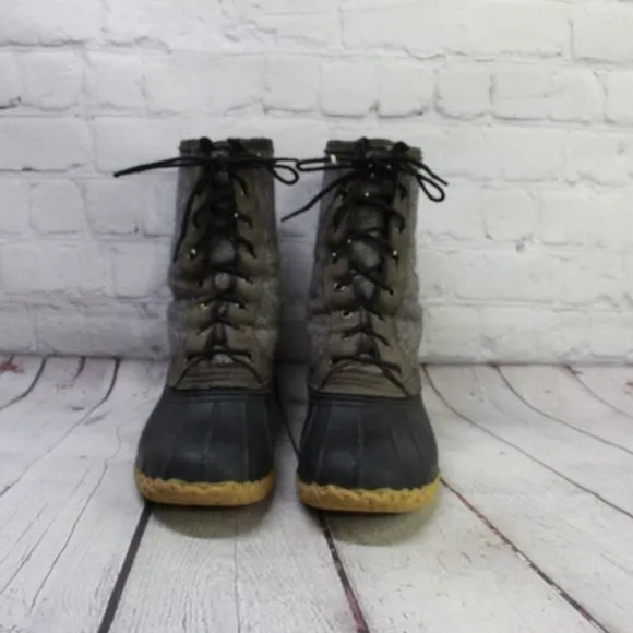 LL Bean Herringbone Gray Wool Shearling Lined Insulated Duck Boots 7 M