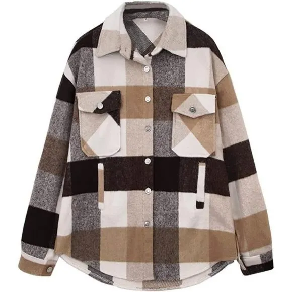 LONG Sleeve Shacket Jacket Coat Winter Loose Shirts Brown