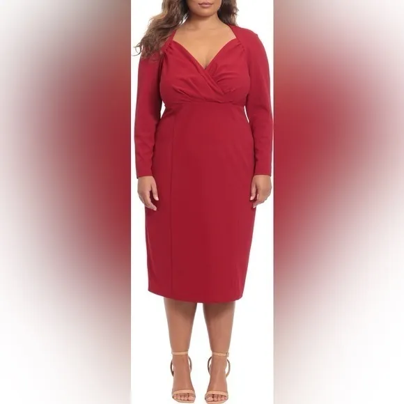 Maggy London Red Long Sleeve Midi Sheath Dress – Chic &amp; Sophisticated (Size 14W)