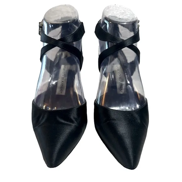 Manolo Blahnik Black Satin Rhinestone‎ Buckle Strappy Goddess Heels Shoes 7 1/2