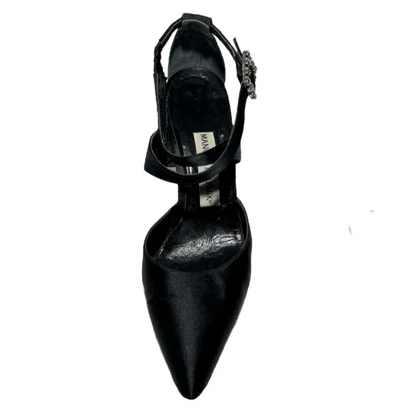Manolo Blahnik Black Satin Rhinestone‎ Buckle Strappy Goddess Heels Shoes 7 1/2