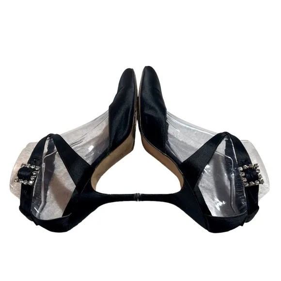 Manolo Blahnik Black Satin Rhinestone‎ Buckle Strappy Goddess Heels Shoes 7 1/2