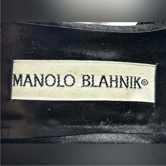 Manolo Blahnik Black Satin Rhinestone‎ Buckle Strappy Goddess Heels Shoes 7 1/2
