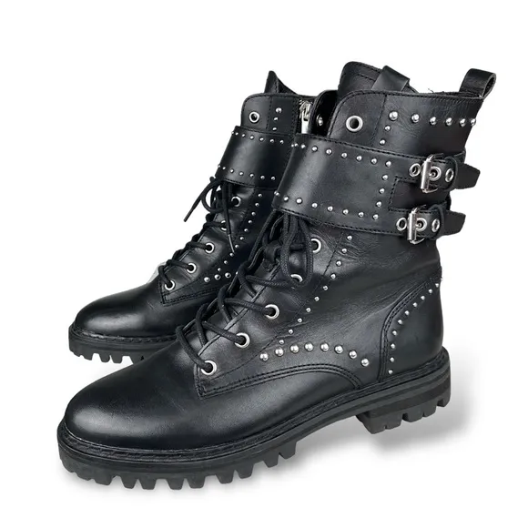 Marc Fisher Women's Black Leather Combat Studded Buckle Boots Moto Grunge