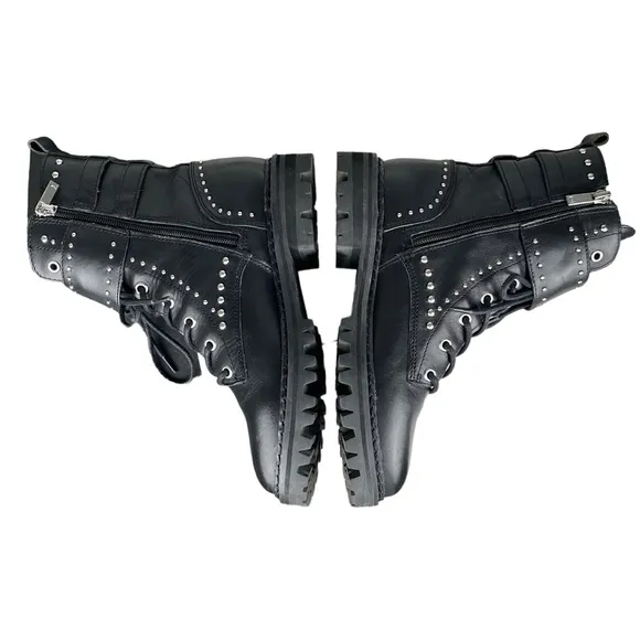 Marc Fisher Women's Black Leather Combat Studded Buckle Boots Moto Grunge