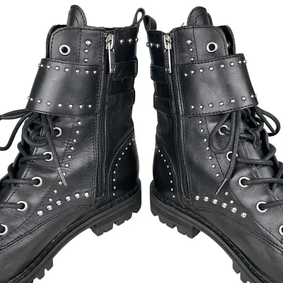 Marc Fisher Women's Black Leather Combat Studded Buckle Boots Moto Grunge