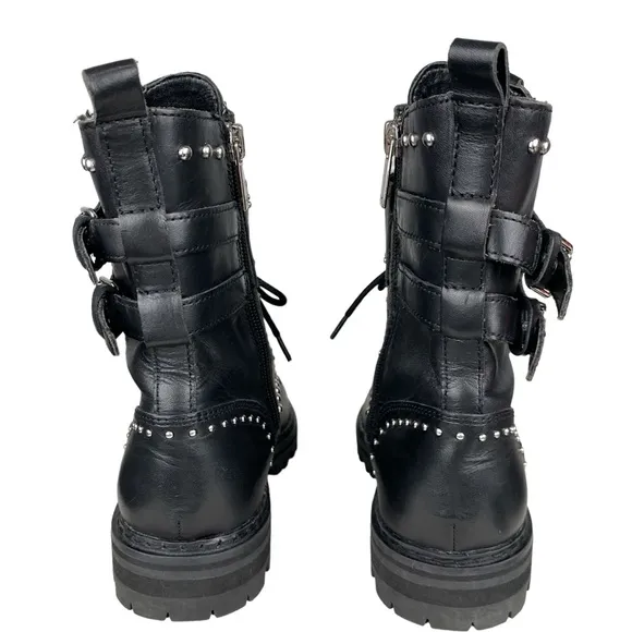 Marc Fisher Women's Black Leather Combat Studded Buckle Boots Moto Grunge