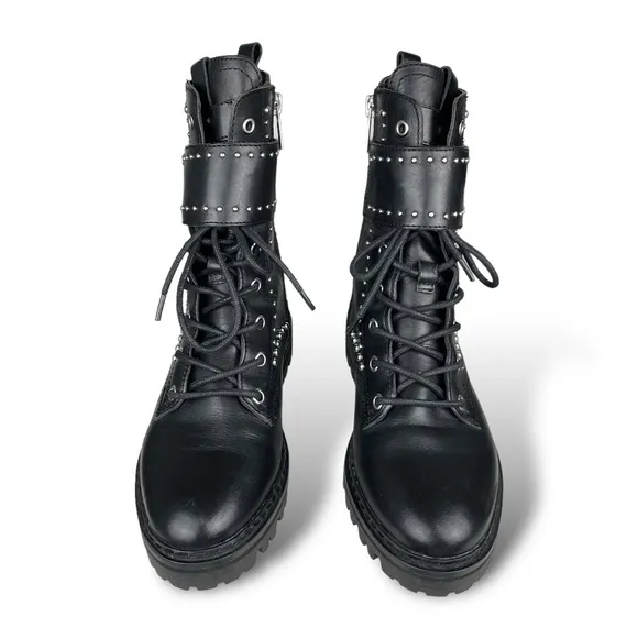 Marc Fisher Women's Black Leather Combat Studded Buckle Boots Moto Grunge