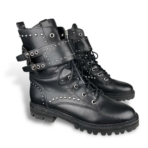 Marc Fisher Women's Black Leather Combat Studded Buckle Boots Moto Grunge