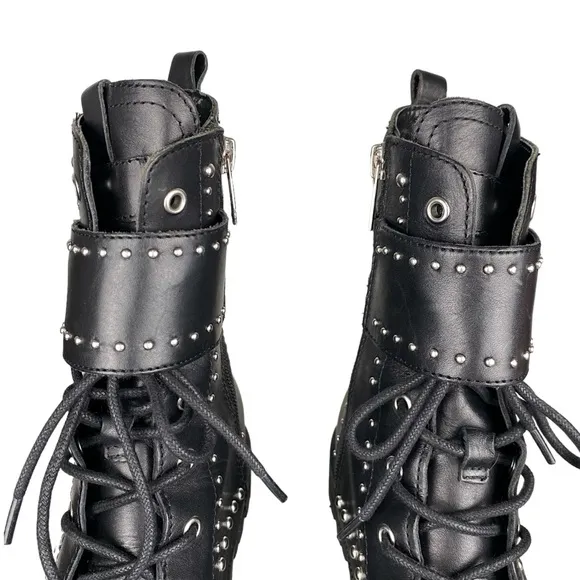 Marc Fisher Women's Black Leather Combat Studded Buckle Boots Moto Grunge