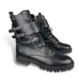Marc Fisher Women's Black Leather Combat Studded Buckle Boots Moto Grunge