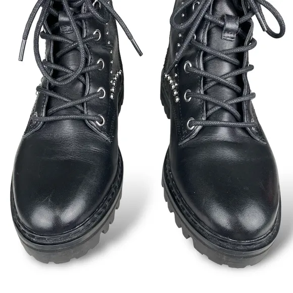 Marc Fisher Women's Black Leather Combat Studded Buckle Boots Moto Grunge