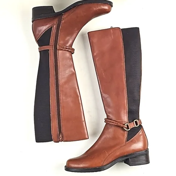 Marking Baretta Brown Leather Braided Strap Side Zip Knee High Equestrian Boot
