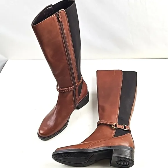 Marking Baretta Brown Leather Braided Strap Side Zip Knee High Equestrian Boot