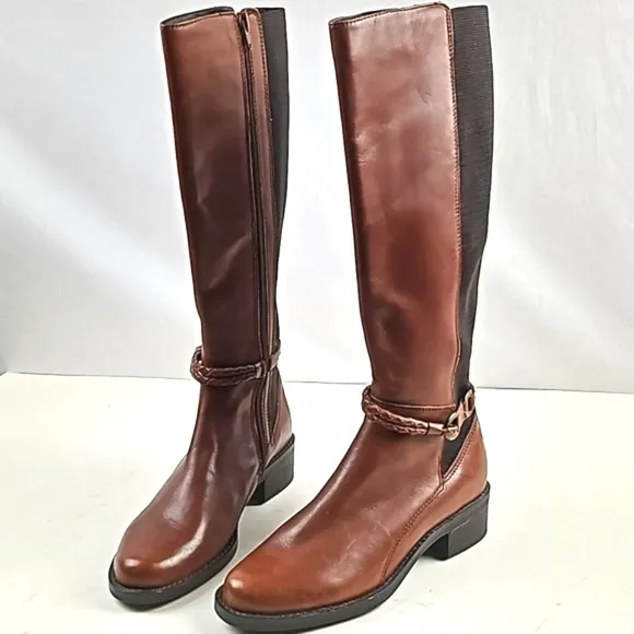 Marking Baretta Brown Leather Braided Strap Side Zip Knee High Equestrian Boot