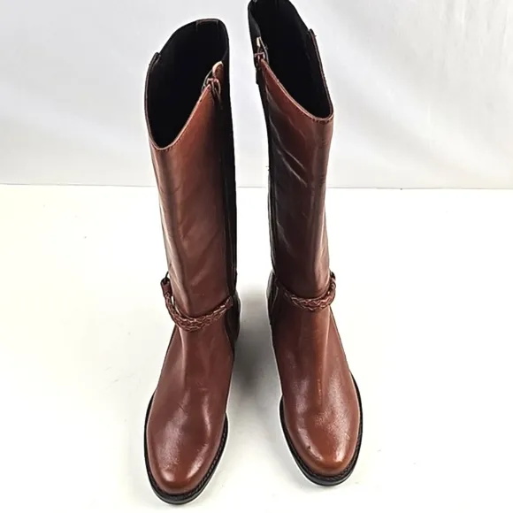 Marking Baretta Brown Leather Braided Strap Side Zip Knee High Equestrian Boot