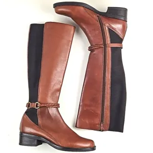 Marking Baretta Brown Leather Braided Strap Side Zip Knee High Equestrian Boot