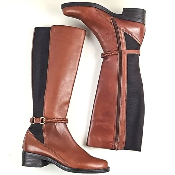 Marking Baretta Brown Leather Braided Strap Side Zip Knee High Equestrian Boot