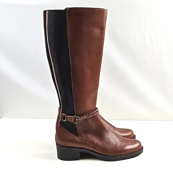 Marking Baretta Brown Leather Braided Strap Side Zip Knee High Equestrian Boot