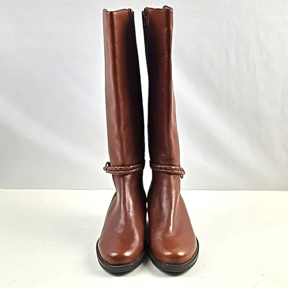 Marking Baretta Brown Leather Braided Strap Side Zip Knee High Equestrian Boot