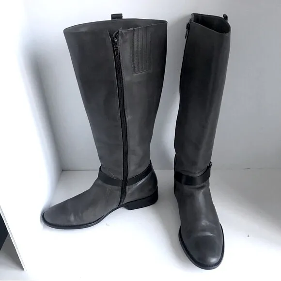 Matisse Daniel Knee High Boots Gray Black Leather Riding Tall Harness 8.5