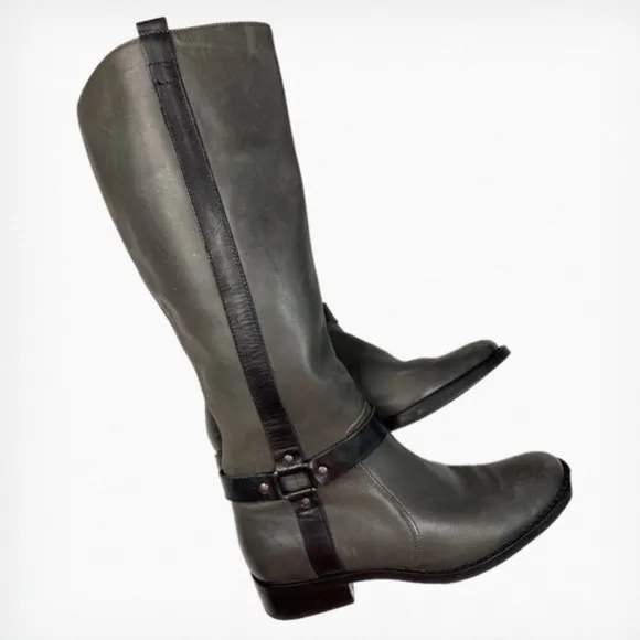 Matisse Daniel Knee High Boots Gray Black Leather Riding Tall Harness 8.5