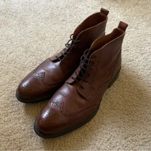 Men's Brown Leather Brogue Boots. Stafford Leather Wingtip Boots.