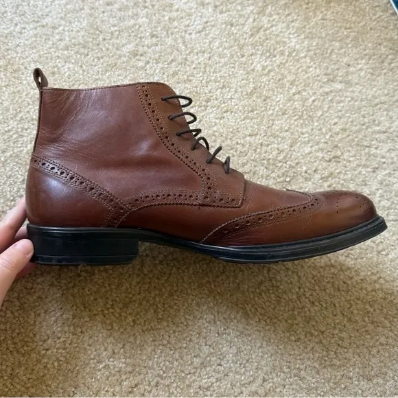 Men's Brown Leather Brogue Boots. Stafford Leather Wingtip Boots.