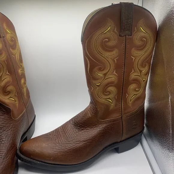 Men's Double-H 12D M Brown &amp; Yellow Leather Western Cowboy Boots Model DH4417
