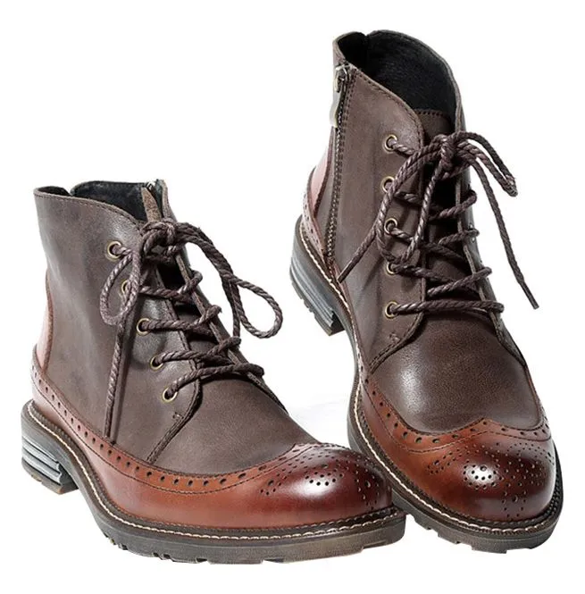 Men's Handmade Full Grain Leather Round Toe Lace Up Boots