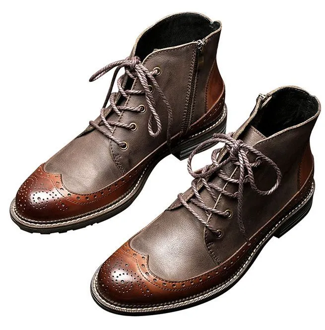 Men's Handmade Full Grain Leather Round Toe Lace Up Boots