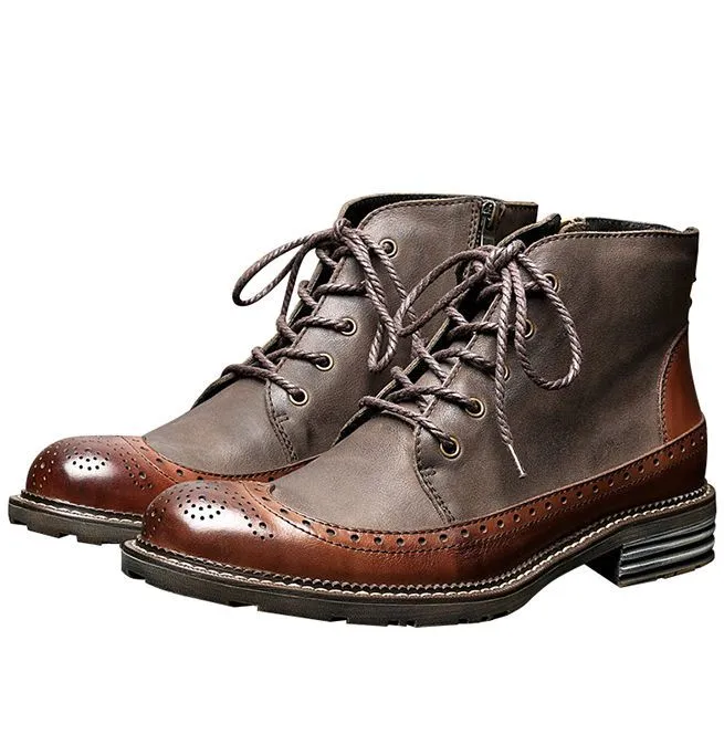 Men's Handmade Full Grain Leather Round Toe Lace Up Boots