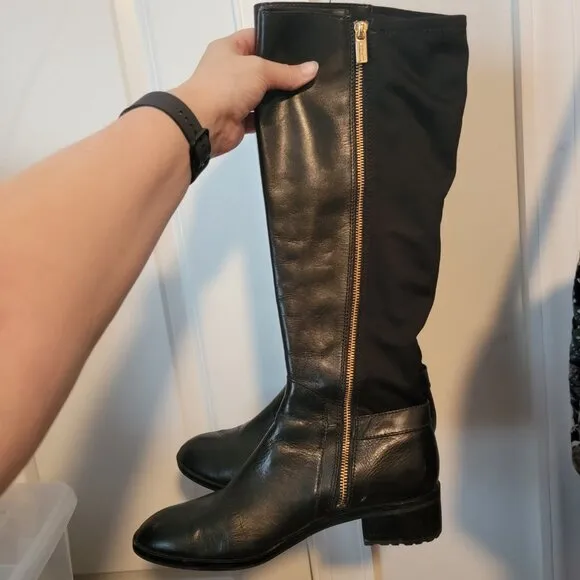 Michael Kors Hamilton Black Leather Riding Stretch Tall Zip Boot