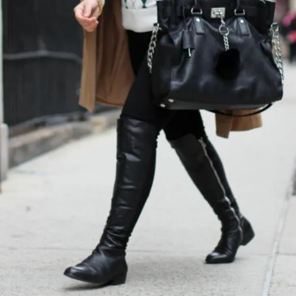 Michael Kors Hamilton Black Leather Riding Stretch Tall Zip Boot