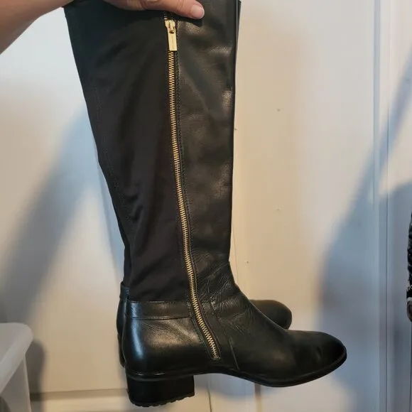 Michael Kors Hamilton Black Leather Riding Stretch Tall Zip Boot